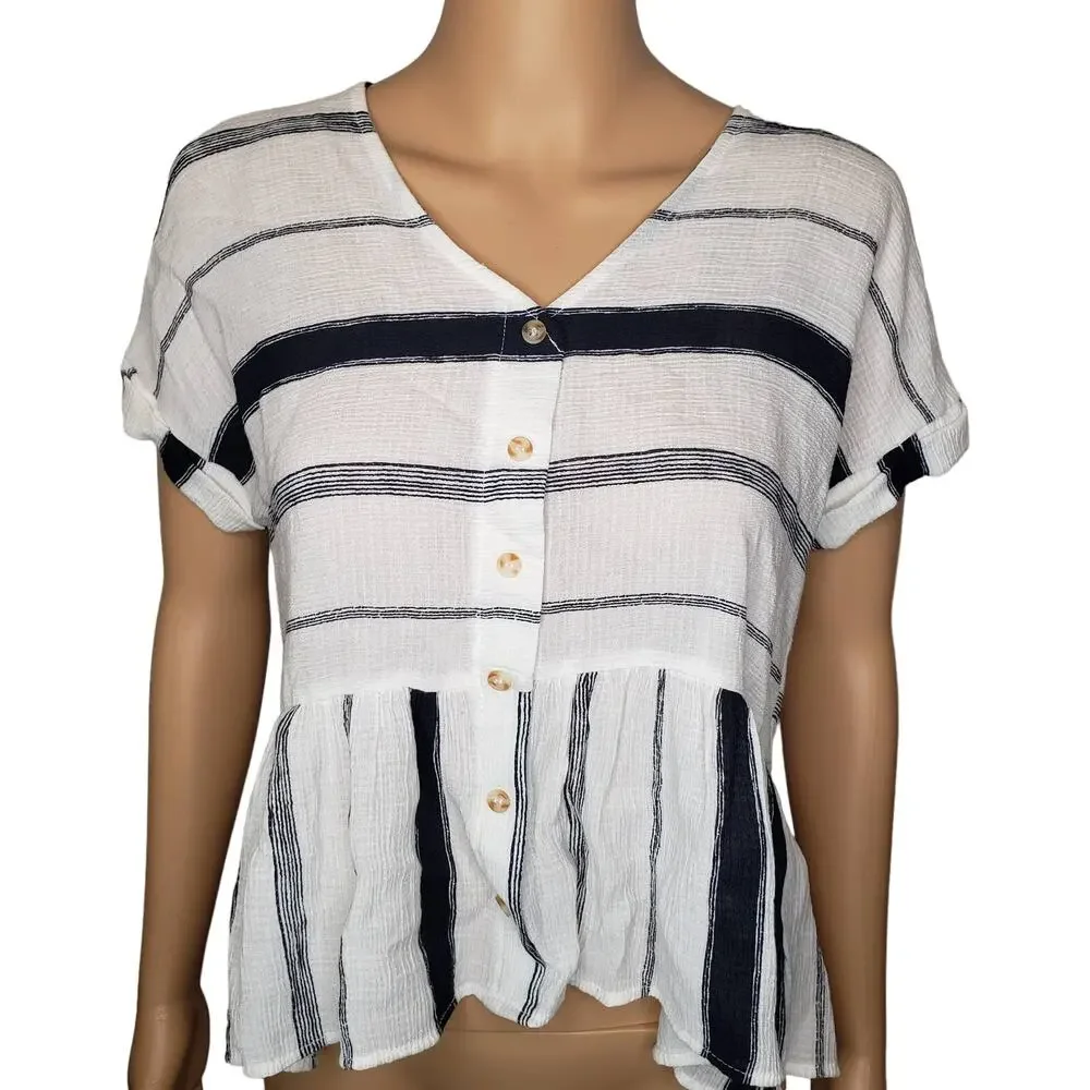 Blu Pepper Striped Peplum Blouse‎ Navy White Button Up Baby Doll Small - Picture 2 of 13